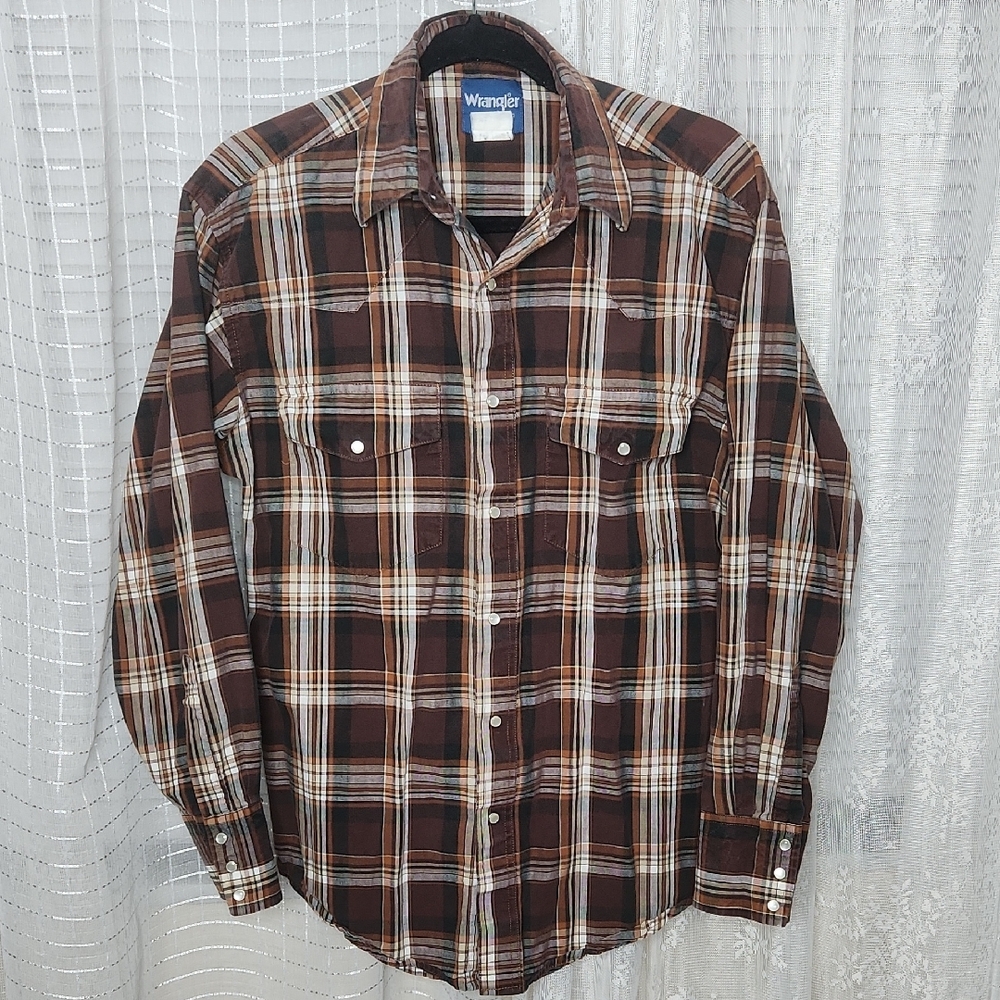 Mens Western Shirt Wrangler Pearl Snap Size Medium Brown & Black Plaid